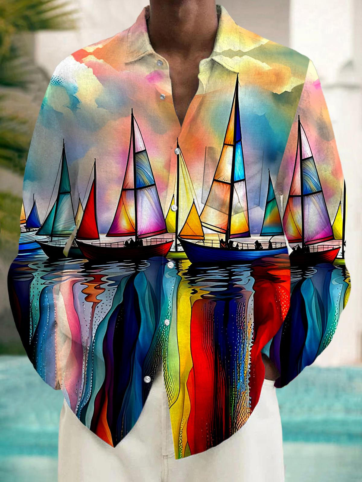 Men's long sleeve Hawaiian shirt with pocket front view for tropical beach vacation