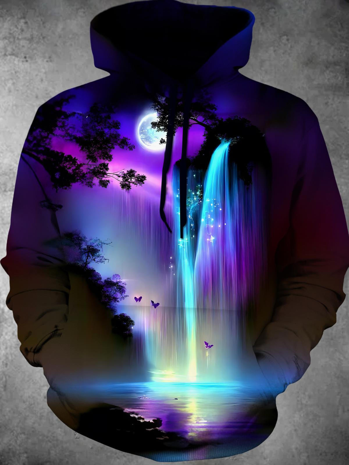 Adaychic Men's Moonlit Waterfall Landscape Print Long Sleeve Hoodie