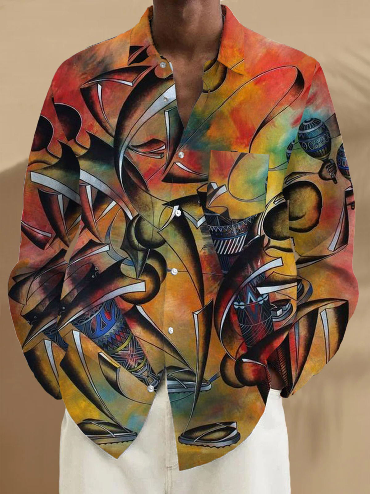 Men's long sleeve abstract print shirt front view