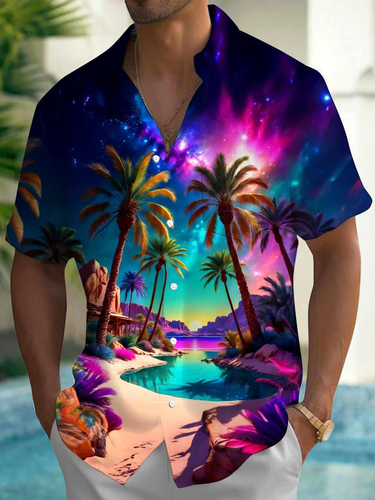 Adaychic Men's Graphic Tropical Galaxy Palm Tree Print Short Sleeve Button Down Shirt with Chest Pocket