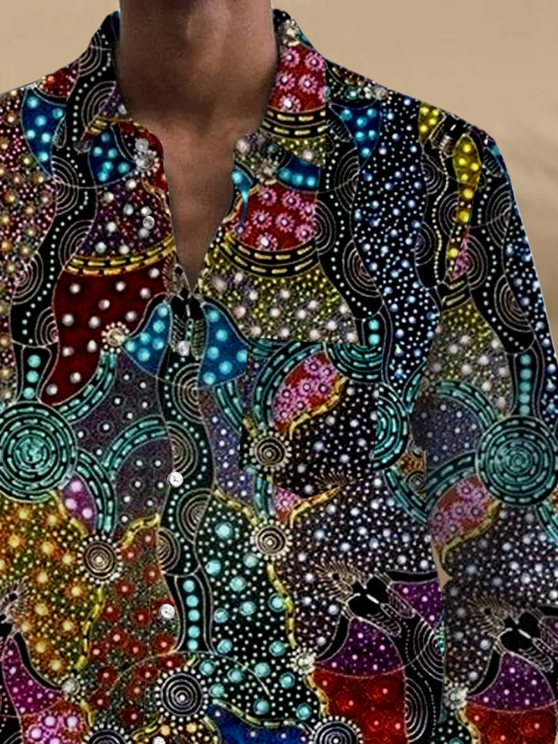 Men's abstract print long sleeve shirt with pocket, back view