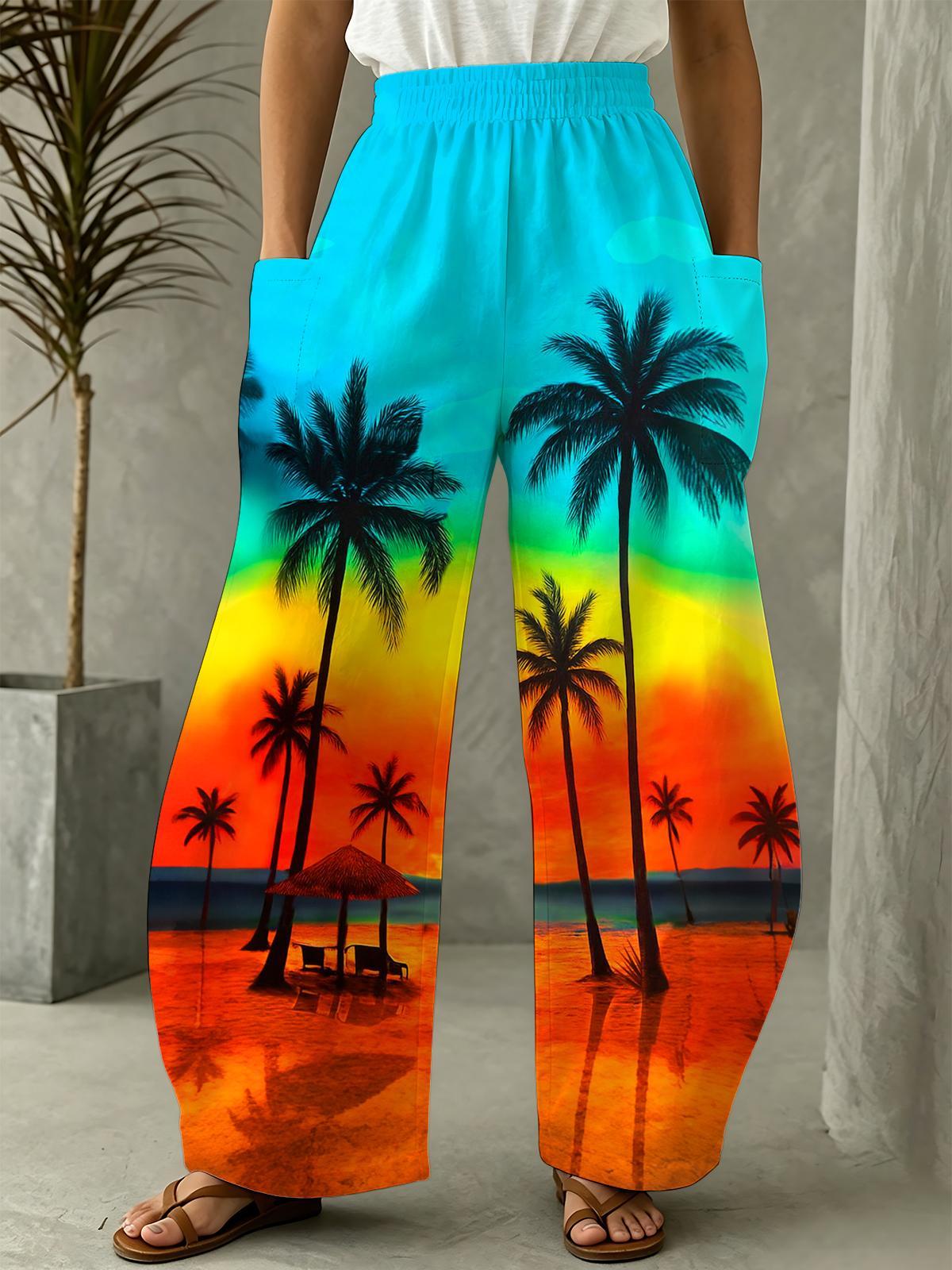 Adaychic Women's Tropical Sunset Palm Tree Print Pants
