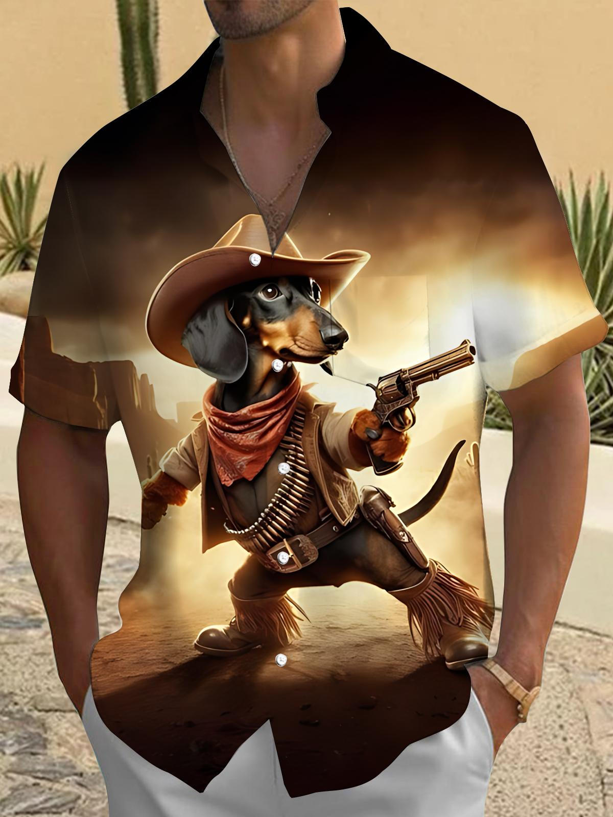 Adaychic Men's 3D Cowboy Dog Graphic Print Short Sleeve Button Down Shirt with Chest Pocket