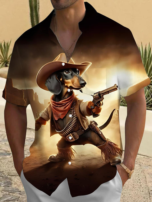 Adaychic Men's 3D Cowboy Dog Graphic Print Short Sleeve Button Down Shirt with Chest Pocket