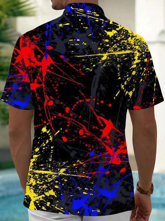 Adaychic Men's Black Graphic Abstract Paint Splatter Print Short Sleeve Button Down Shirt with Chest Pocket