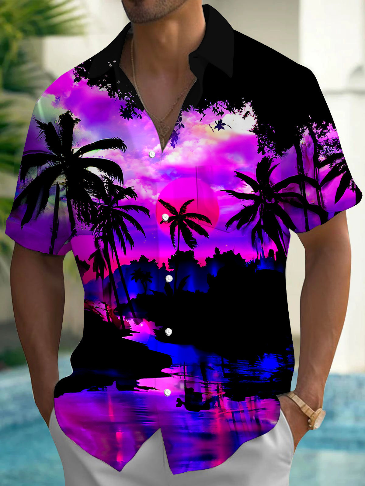 Adaychic Men's Graphic Tropical Palm Sunset Print Short Sleeve Button Down Shirt with Chest Pocket