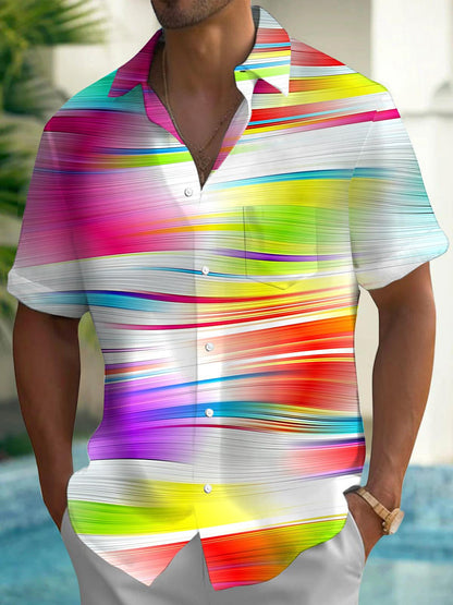 Adaychic Men's Striped Abstract Wavy Line Short Sleeve Button Down Shirt with Chest Pocket