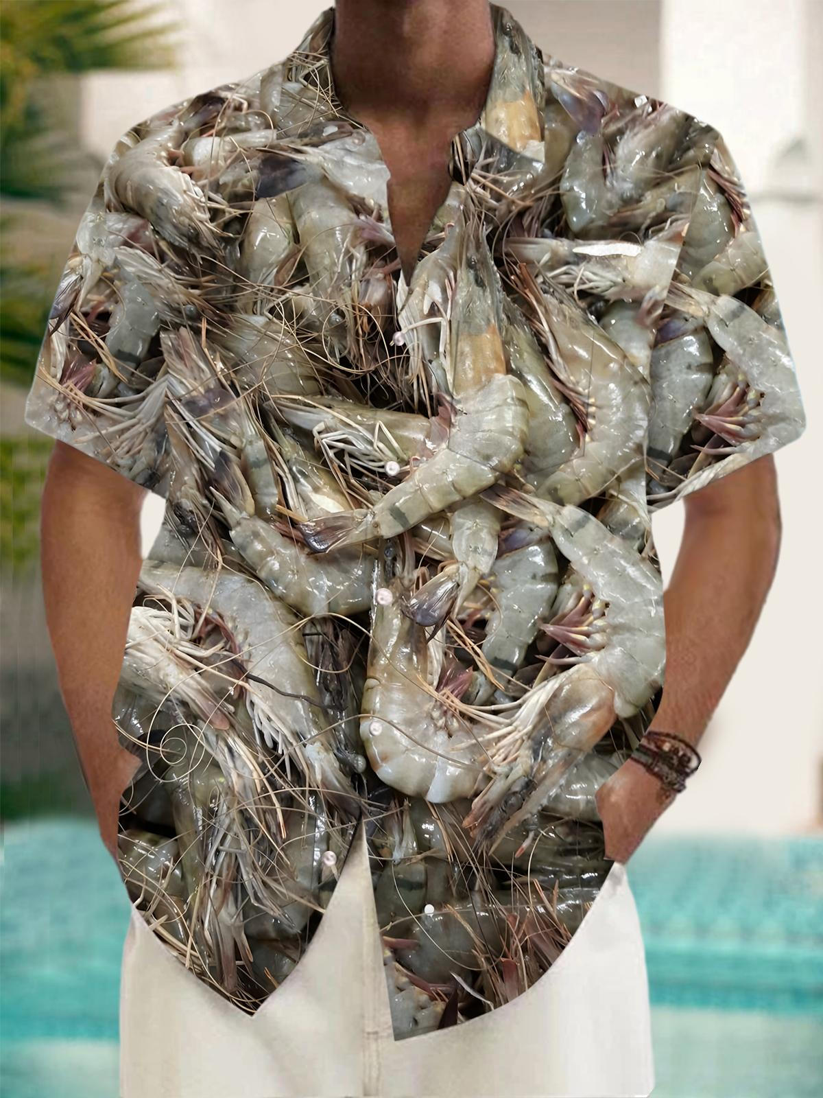 Adaychic Men's Graphic Raw Shrimp Print Short Sleeve Button Down Shirt with Chest Pocket