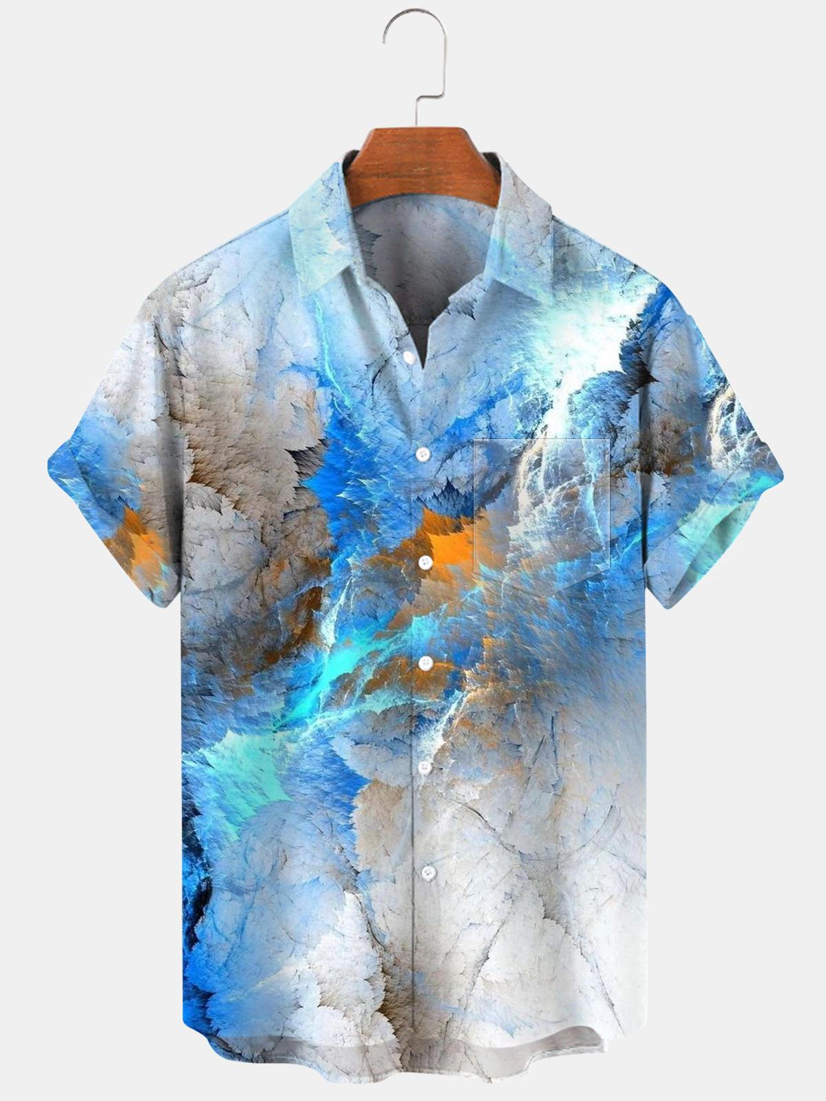 Adaychic Men's Abstract Blue Watercolor Print Short Sleeve Button Down Shirt with Chest Pocket