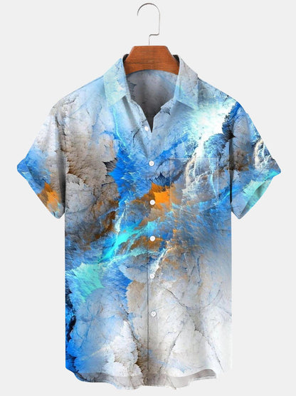 Adaychic Men's Abstract Blue Watercolor Print Short Sleeve Button Down Shirt with Chest Pocket
