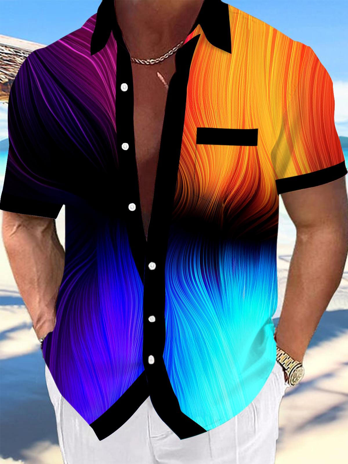 Adaychic Men's Graphic Abstract Gradient Line Print Short Sleeve Button Down Shirt with Chest Pocket