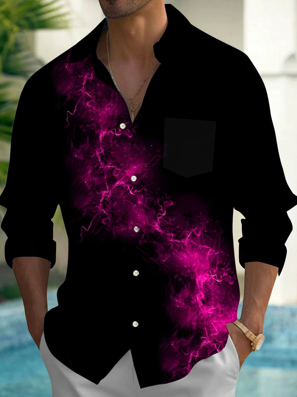 Men's abstract gradient pocket long sleeve shirt front view