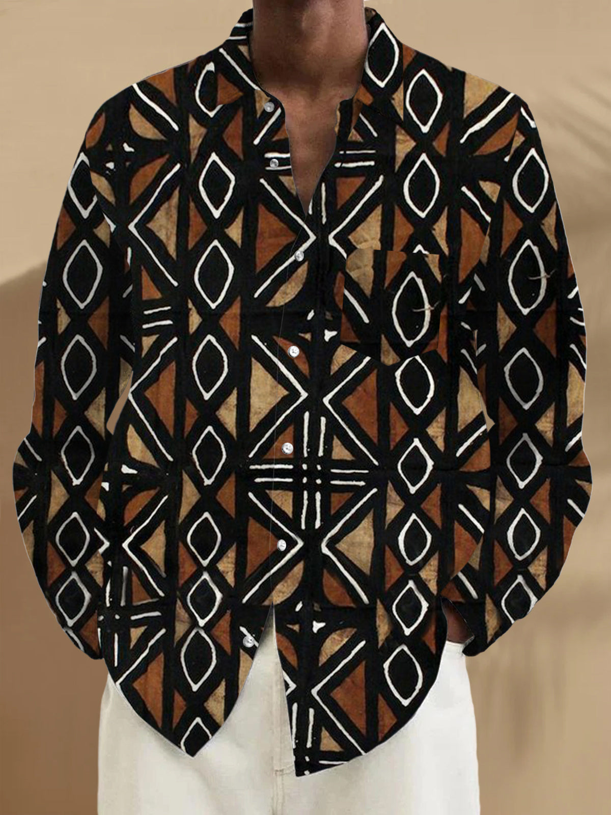 Men's long sleeve geometric print shirt front view