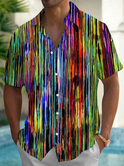 Adaychic Men's Graphic Geometric Colorful Vertical Line Print Short Sleeve Button Down Shirt with Chest Pocket