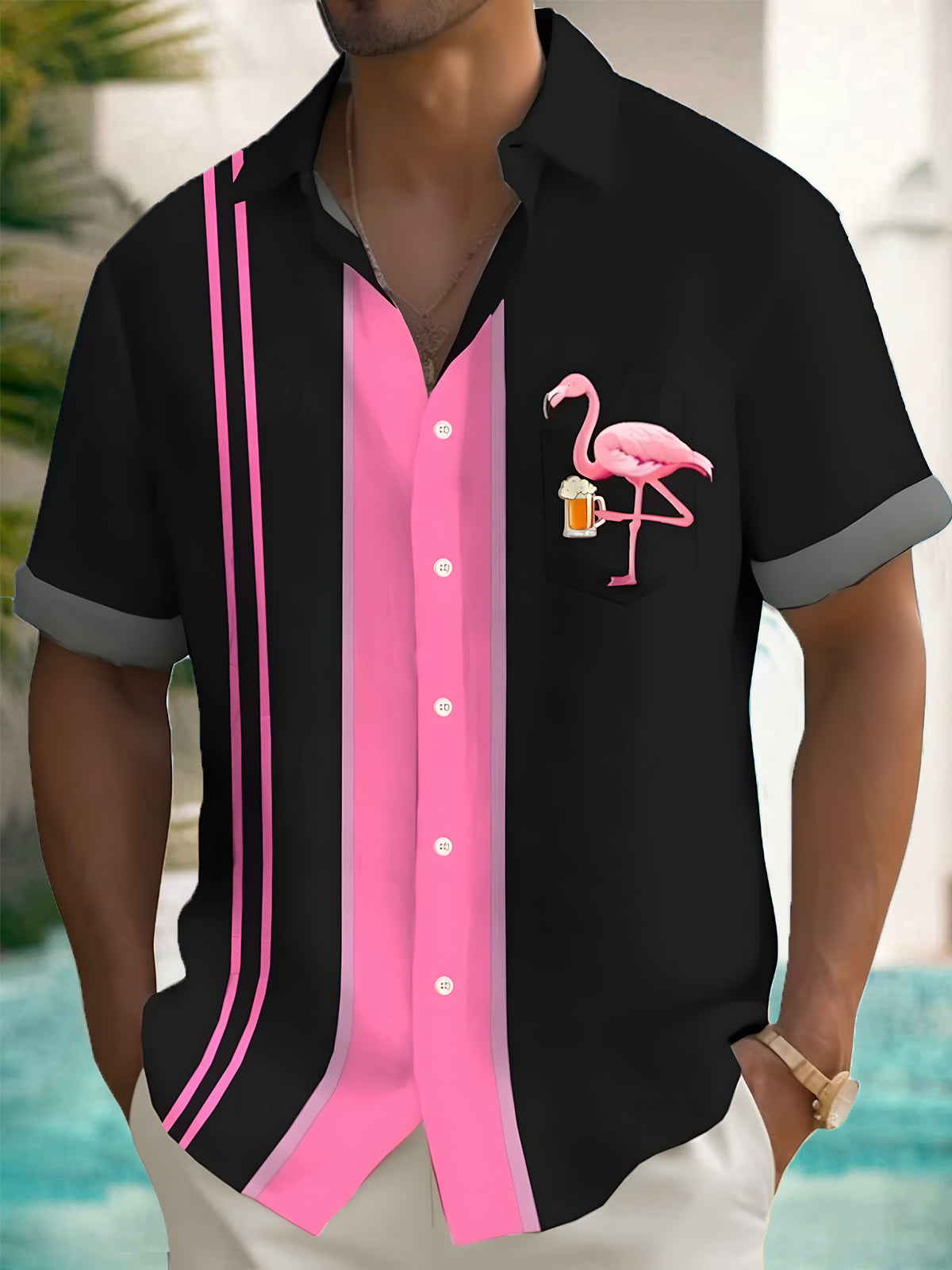Adaychic Men's Striped Flamingo Beer Graphic Short Sleeve Button Down Shirt with Chest Pocket