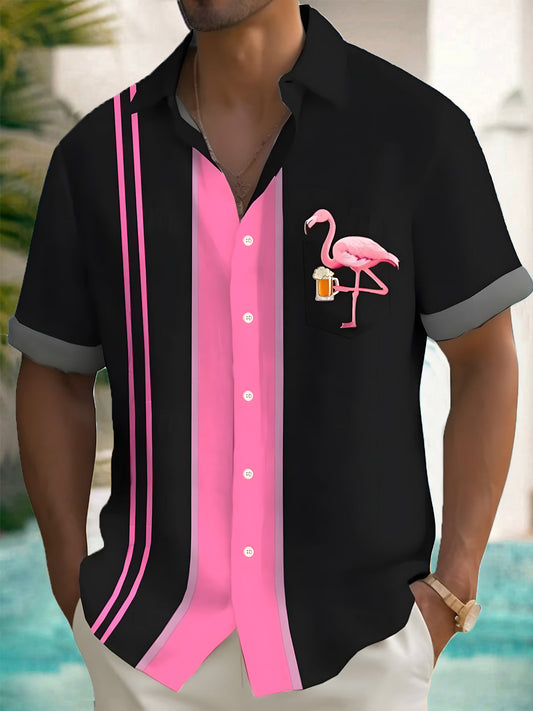Adaychic Men's Striped Flamingo Beer Graphic Short Sleeve Button Down Shirt with Chest Pocket