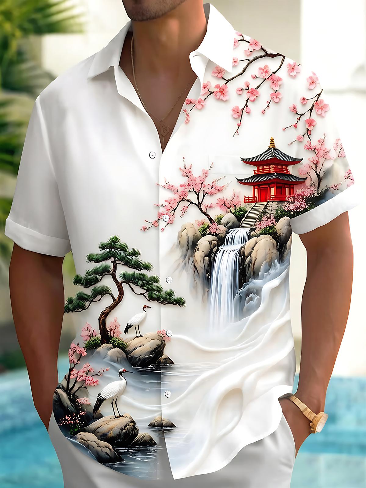 Adaychic Men's Graphic Floral Japanese Pagoda Waterfall Cherry Blossom Print Short Sleeve Button Down Shirt with Chest Pocket