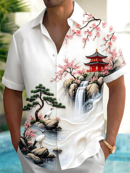 Adaychic Men's Graphic Floral Japanese Pagoda Waterfall Cherry Blossom Print Short Sleeve Button Down Shirt with Chest Pocket