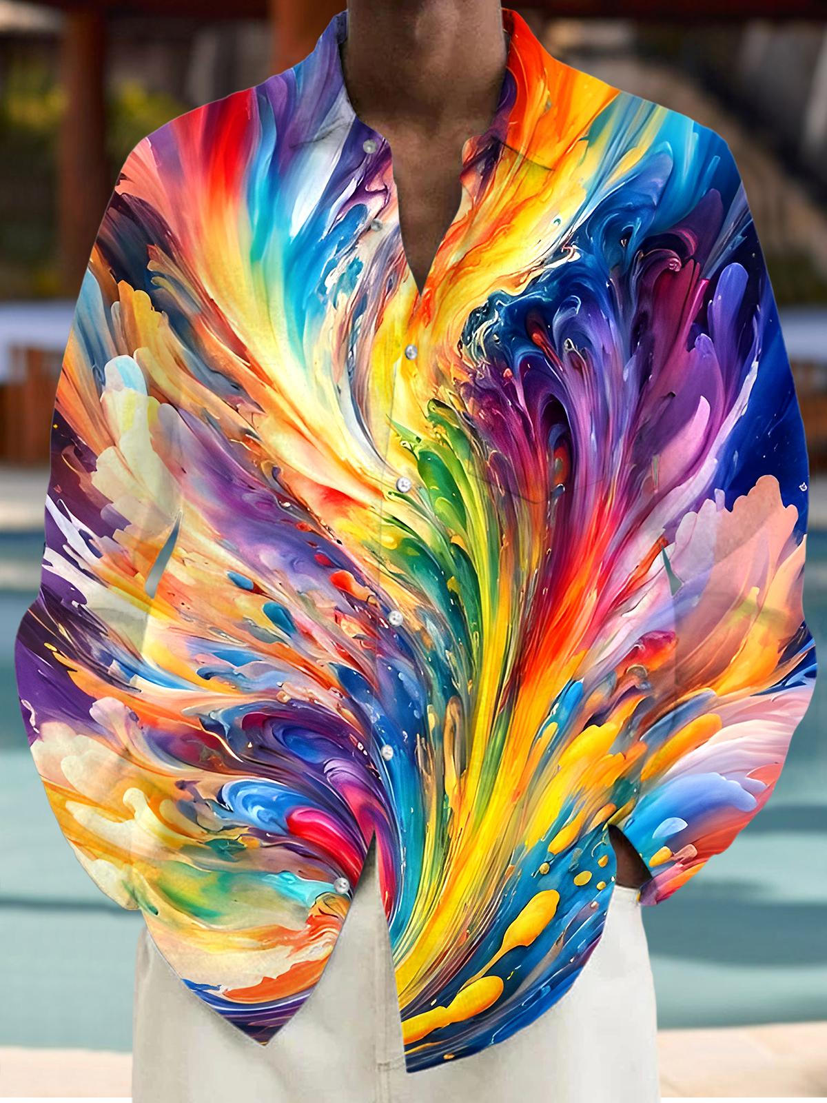 Men's tie dye abstract print pocket long sleeve shirt front view