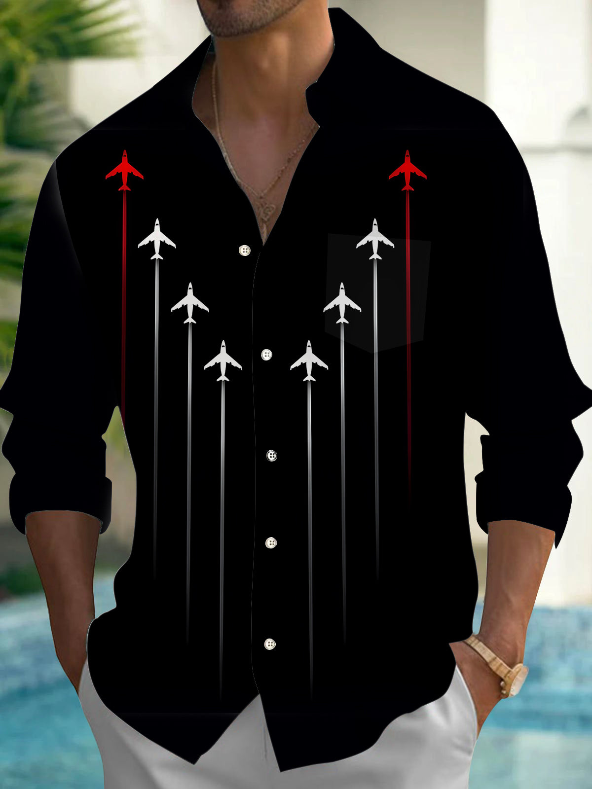 Men's airplane long sleeve shirt front view with pocket detail