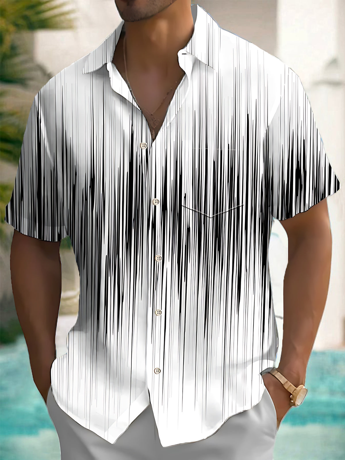 Adaychic Black White Vertical Stripe Print Short Sleeve Matching Couple Shirts with Chest Pocket