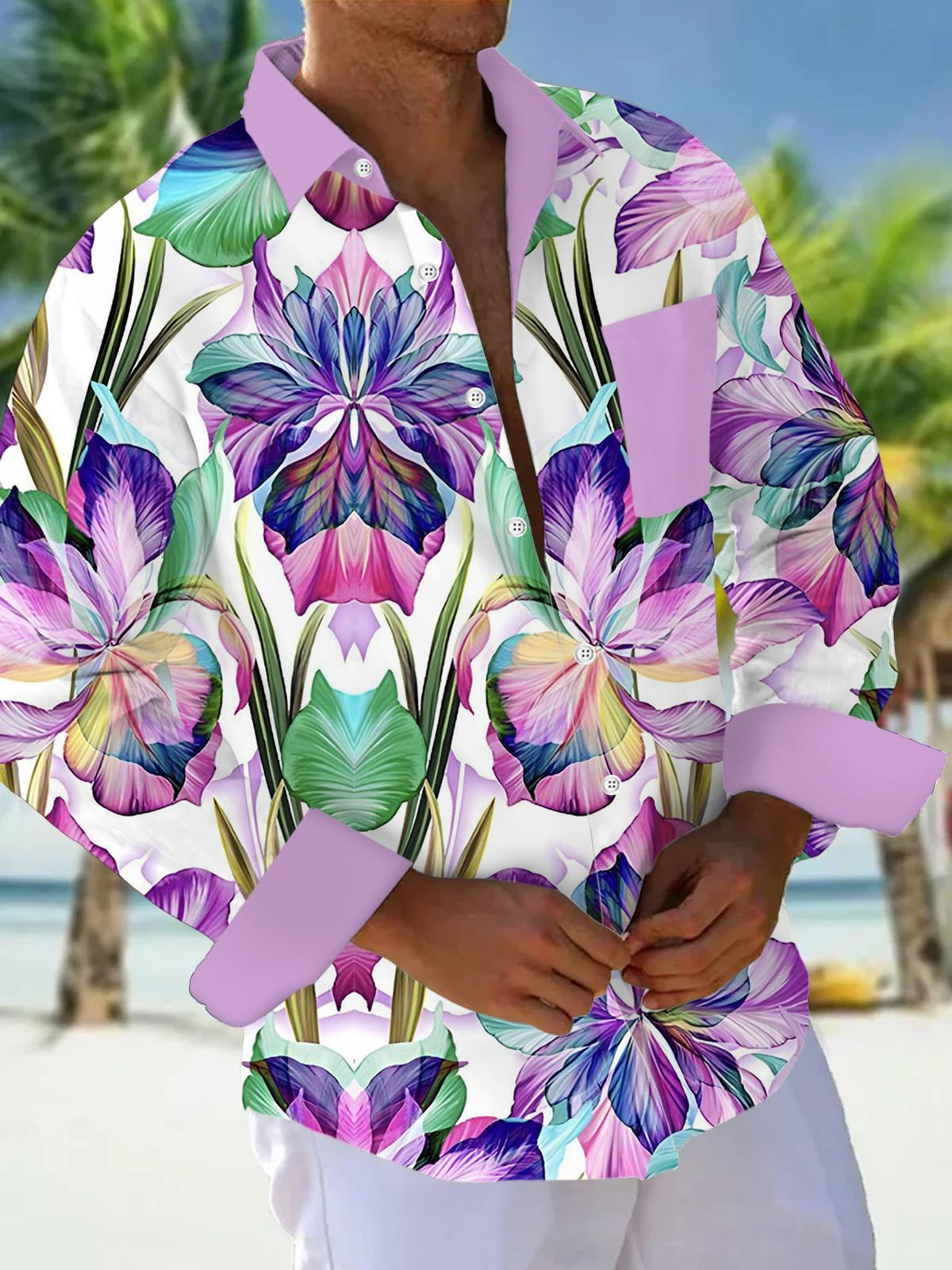 Men's blue Hawaiian long sleeve shirt with pocket front view tropical beach vacation