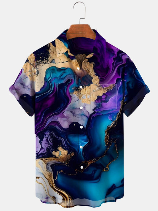 Adaychic Men's Graphic Abstract Purple Swirl Print Short Sleeve Button Down Shirt with Chest Pocket