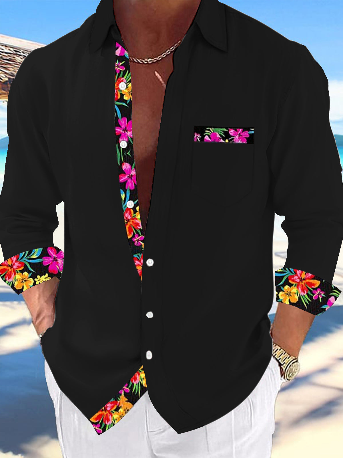 men's Hawaiian shirt front view tropical beach vacation