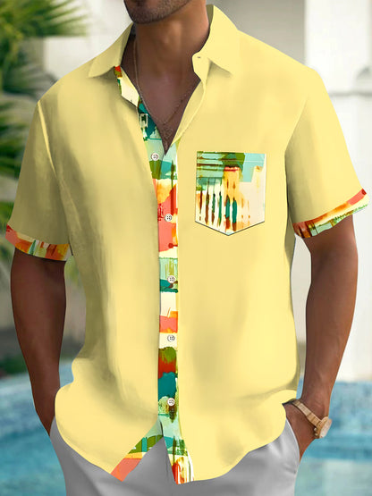 Adaychic Men's Yellow Abstract Colorblock Short Sleeve Button Down Shirt with Chest Pocket
