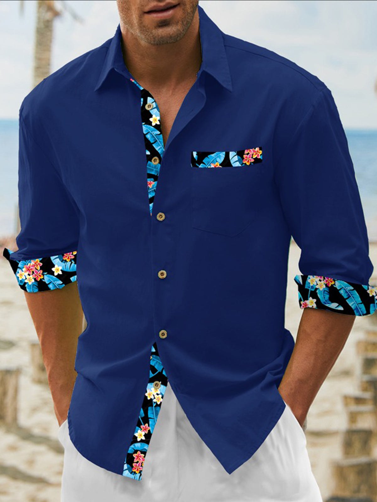 Men's floral print long sleeve shirt with pocket front view