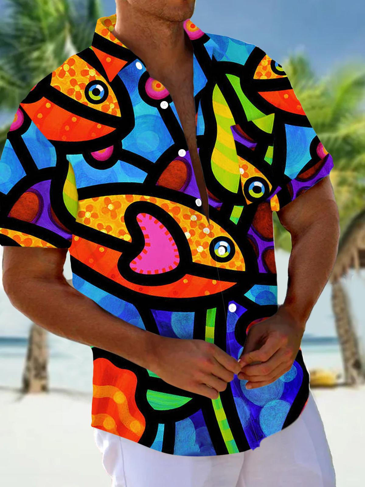 Adaychic Men's Graphic Abstract Fish Mosaic Print Short Sleeve Button Down Shirt with Chest Pocket