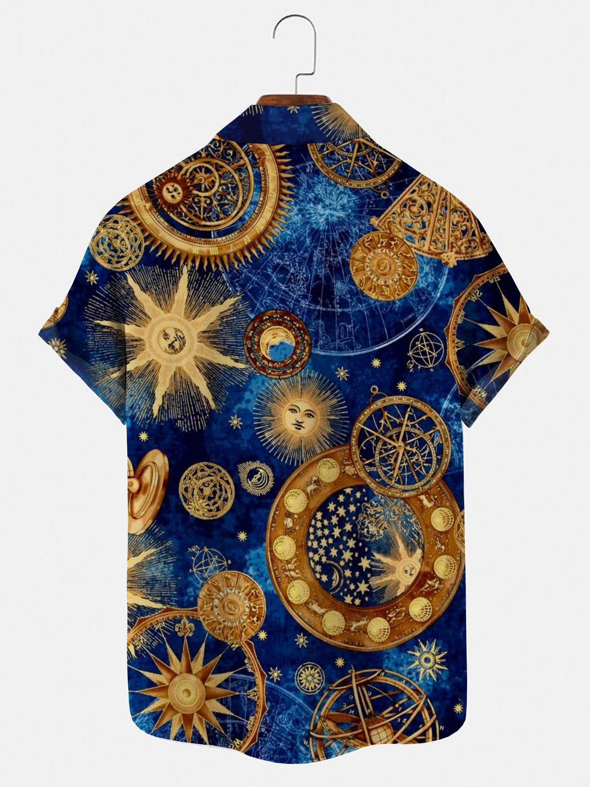 Adaychic Men's Graphic Vintage Celestial Compass Print Short Sleeve Button Down Shirt with Chest Pocket