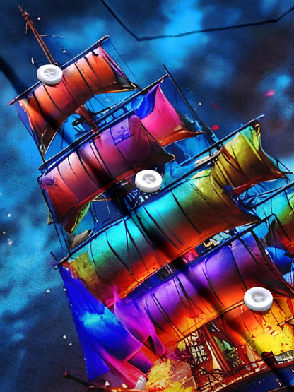 Adaychic Men's Colorful Sailing Ship Graphic Print Short Sleeve Button Down Shirt with Chest Pocket
