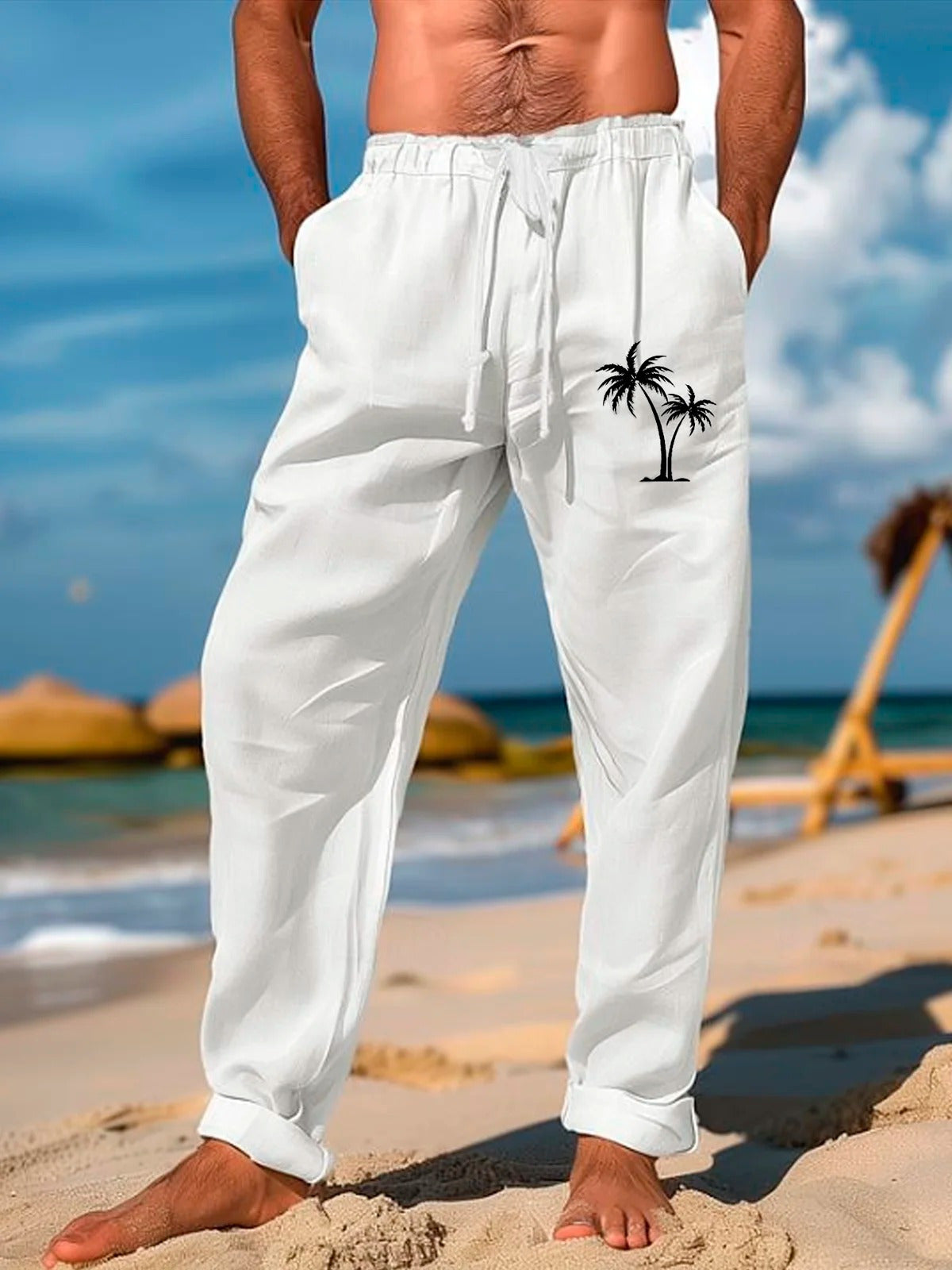Men's casual Hawaiian coconut tree pants front view tropical beach vacation