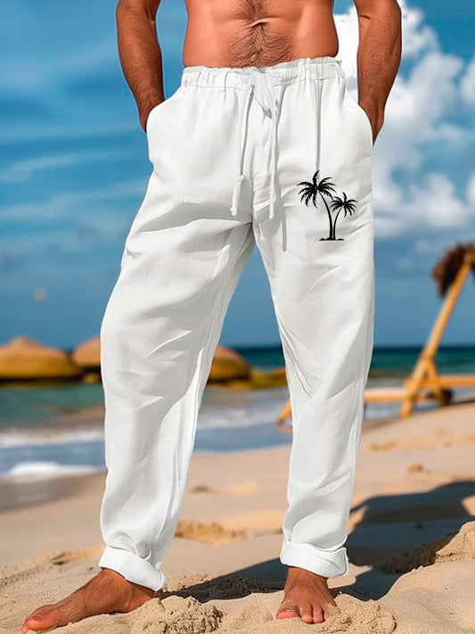Men's casual Hawaiian coconut tree pants front view tropical beach vacation