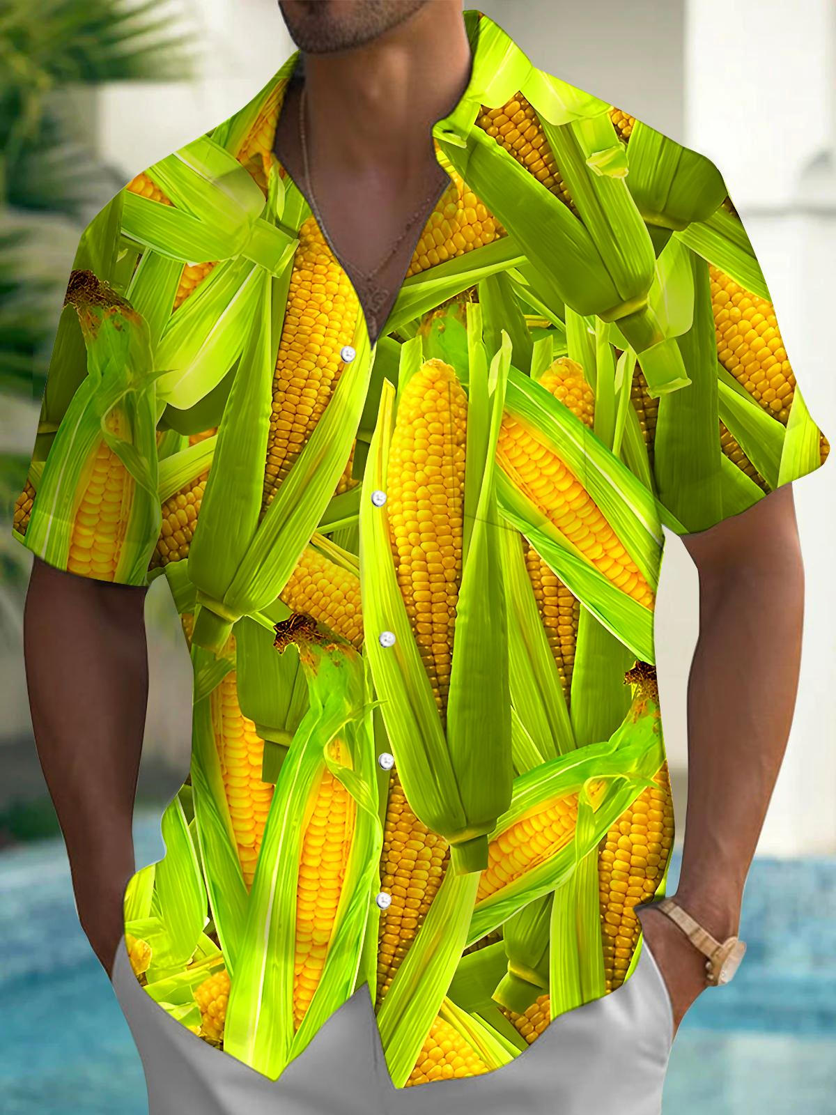 Adaychic Men's Graphic Corn Cob Pattern Print Short Sleeve Button Down Shirt with Chest Pocket