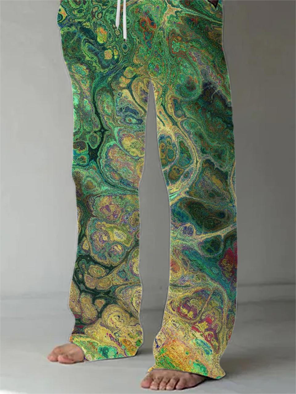 Men abstract print casual elastic waist pants back view