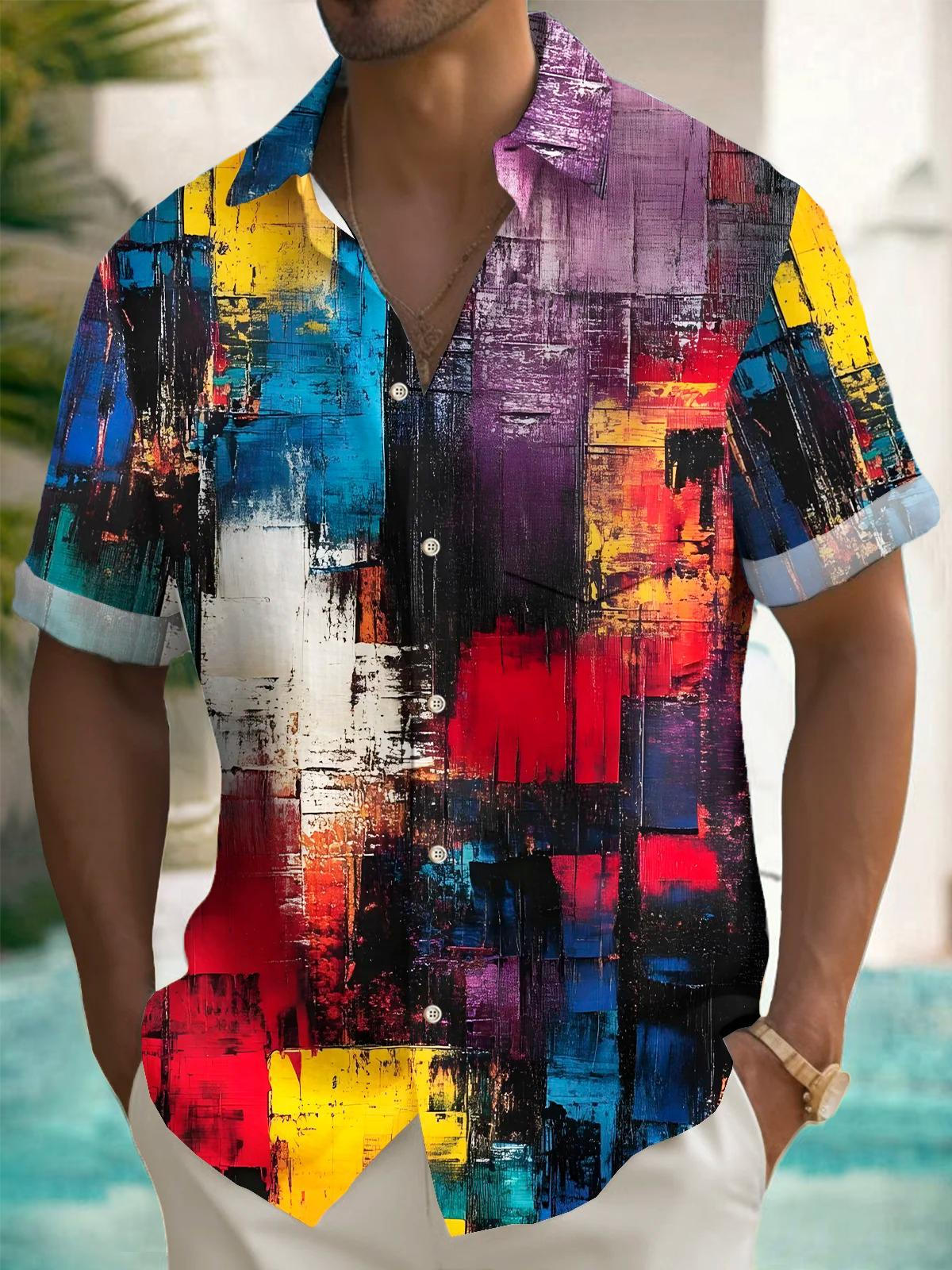 Adaychic Men's Graphic Abstract Art Brushstroke Print Short Sleeve Button Down Shirt with Chest Pocket