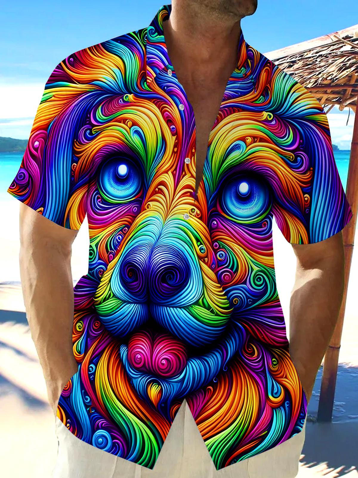 Adaychic Psychedelic Dog Face Print Short Sleeve Matching Couple Shirts with Chest Pocket