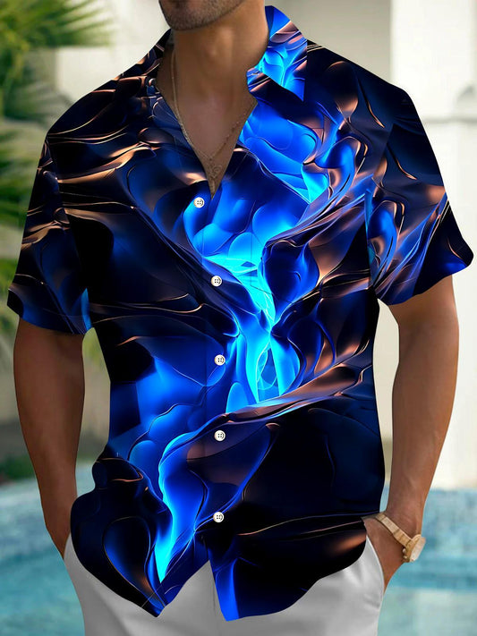 Adaychic Men's Graphic Abstract Blue 3D Wave Print Short Sleeve Button Down Shirt with Chest Pocket