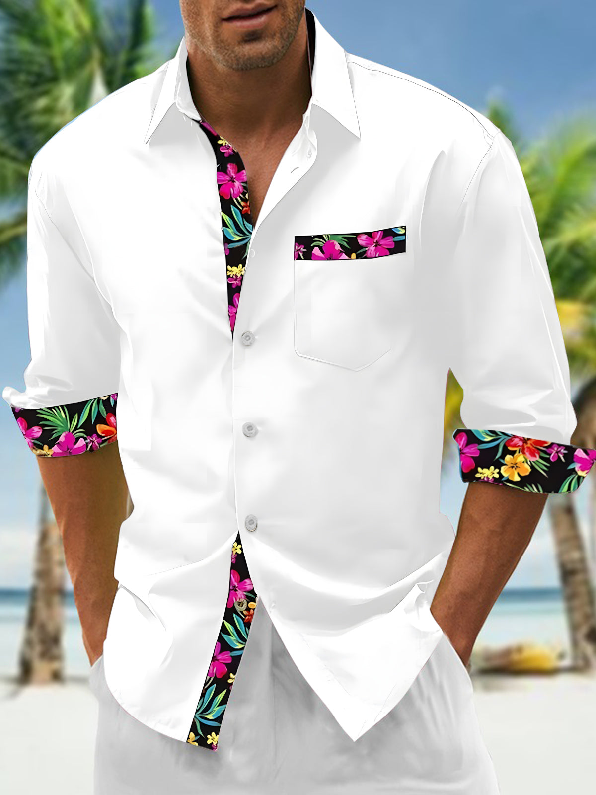 Men's floral long sleeve shirt back view