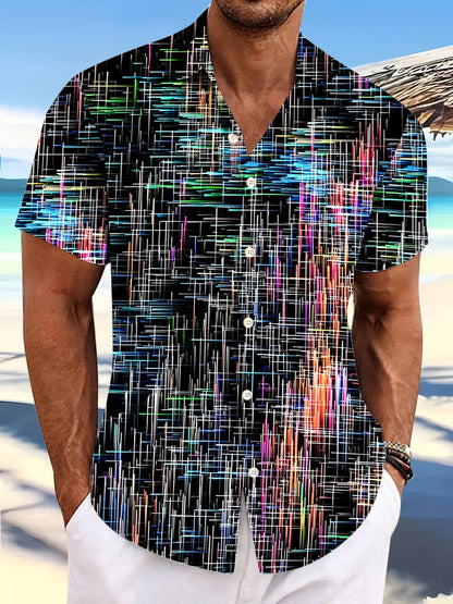 Adaychic Men's Abstract Graphic Line Print Short Sleeve Button Down Shirt with Chest Pocket