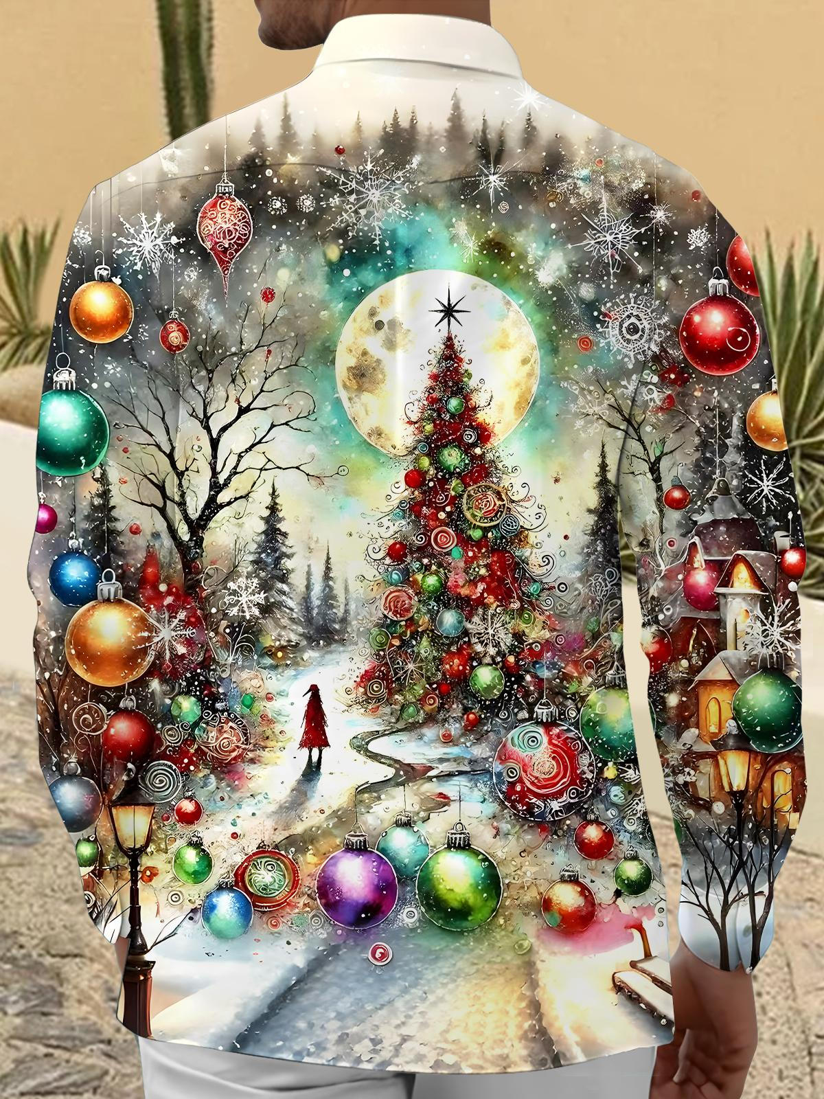 Men's Christmas tree print long sleeve shirt back view