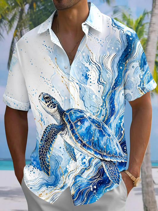 Adaychic Men's Graphic Blue Sea Turtle Wave Print Short Sleeve Button Down Shirt with Chest Pocket