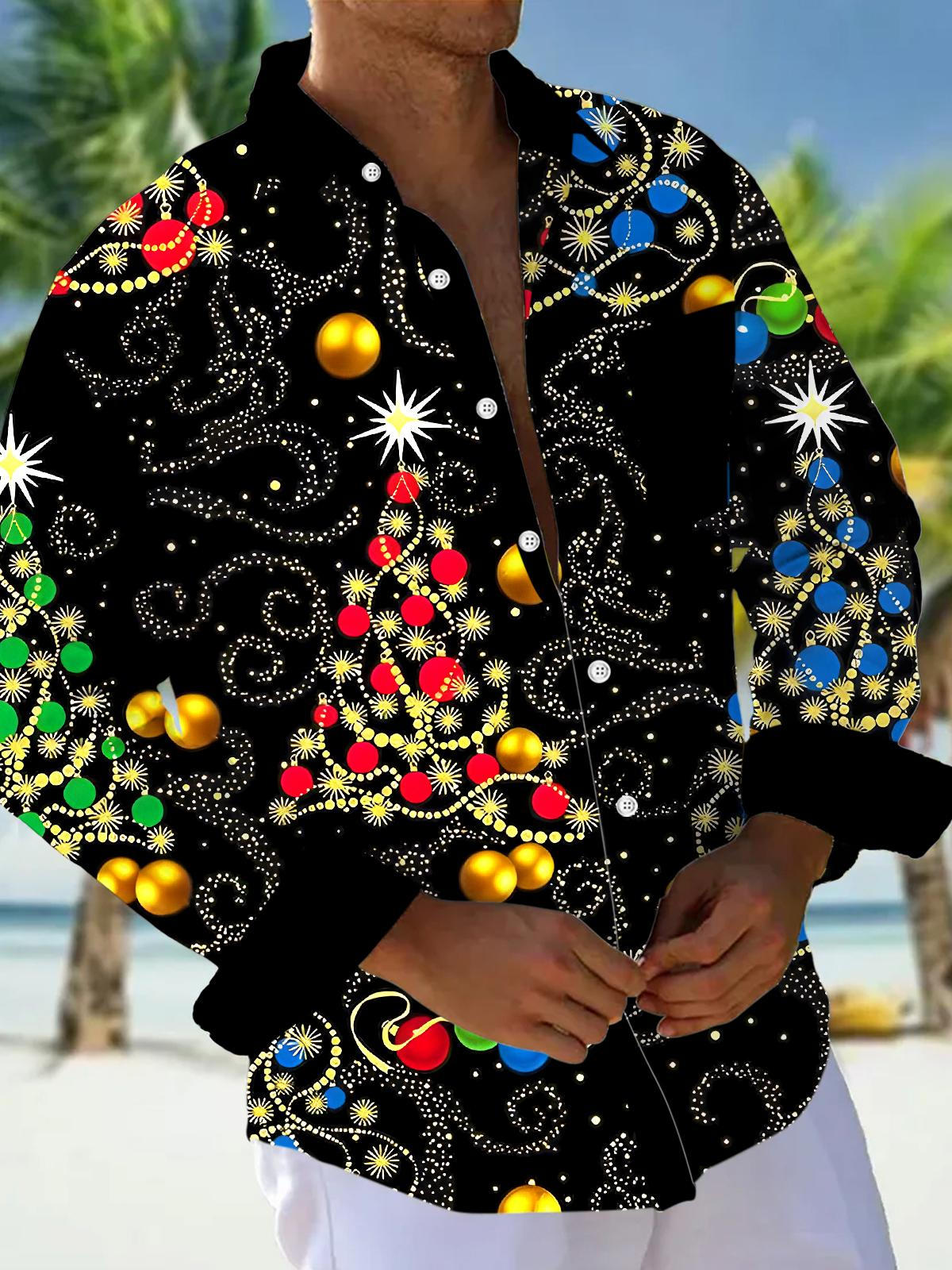 Men's Christmas tree long sleeve shirt front view for holiday party