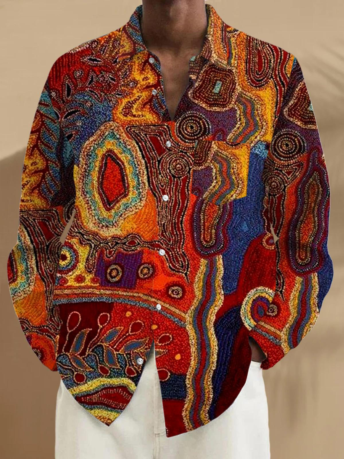 Men's abstract print long sleeve shirt with pocket front view