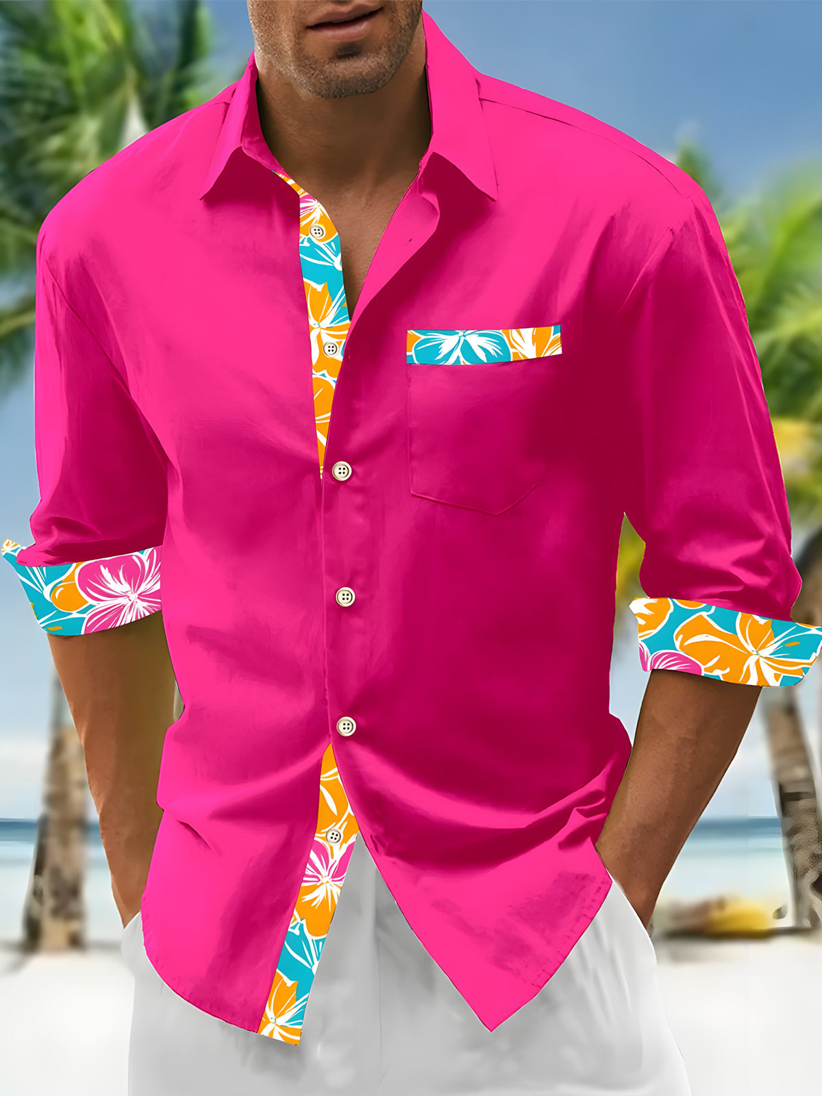Men's Hawaiian floral long sleeve shirt front view for tropical beach vacation