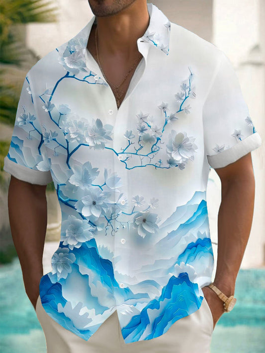 Adaychic Men's 3D Blue Floral Mountain Graphic Print Short Sleeve Button Down Shirt with Chest Pocket