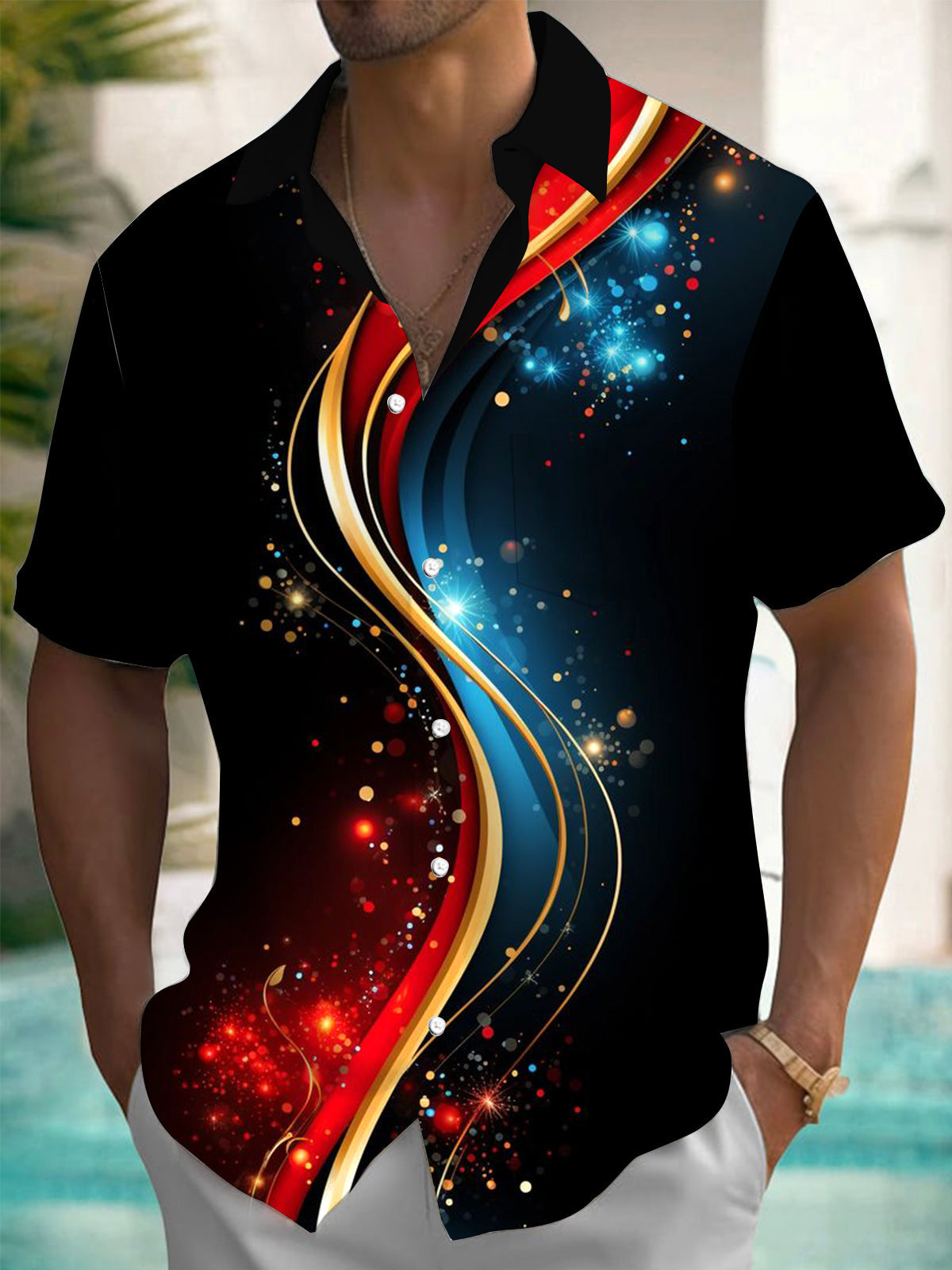 Adaychic Men's Abstract Swirl Sparkle Print Short Sleeve Button Down Shirt with Chest Pocket