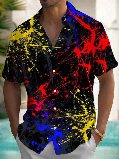 Adaychic Men's Black Graphic Abstract Paint Splatter Print Short Sleeve Button Down Shirt with Chest Pocket